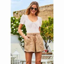 Sosandar Cream Tie Waist Shorts With Pockets
