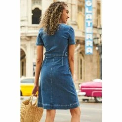 Sosandar Indigo Short Sleeve Round Neck Zip Up Dress -Sosandar unnamed file 448