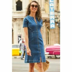 Sosandar Indigo Short Sleeve Round Neck Zip Up Dress -Sosandar unnamed file 449