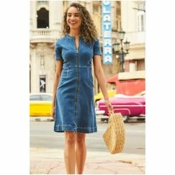 Sosandar Indigo Short Sleeve Round Neck Zip Up Dress -Sosandar unnamed file 451