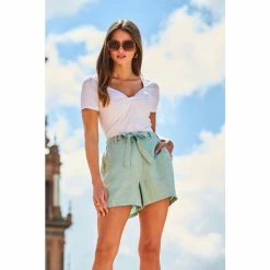 Sosandar Green Belted Linen Shorts