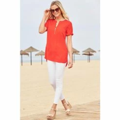 Sosandar Red Zip Front Short Sleeve Tunic Top