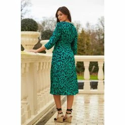 Sosandar Green Animal Print Ruched Shoulder Midi Dress -Sosandar unnamed file 459