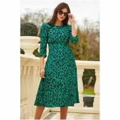Sosandar Green Animal Print Ruched Shoulder Midi Dress -Sosandar unnamed file 461