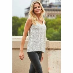 Sosandar Silver Sequin V Neck Cami Top -Sosandar unnamed file 4619