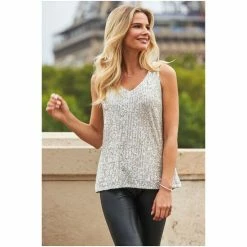 Sosandar Silver Sequin V Neck Cami Top -Sosandar unnamed file 4621