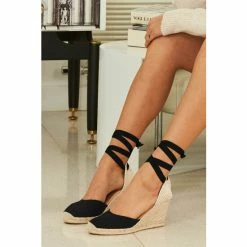 Sosandar Black Perla Suede Valenciana Wedge Espadrille