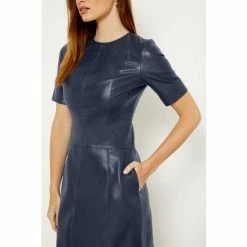 Sosandar Blue Leather Look Panelled Shift Dress -Sosandar unnamed file 477