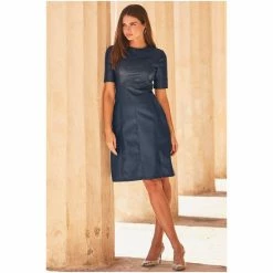Sosandar Blue Leather Look Panelled Shift Dress -Sosandar unnamed file 478