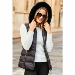 Sosandar Black Padded Gilet With Fur Hood