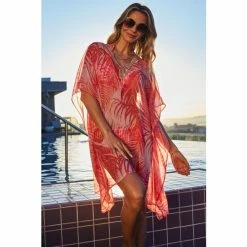 Sosandar Red Palm Print Kaftan With Luxe Embellishment Detail
