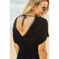 Sosandar Black Embroidered Floral Detail Tie Back Beach Kaftan -Sosandar unnamed file 4925