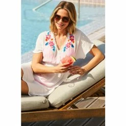 Sosandar White Embroidered Floral Detail Tie Back Beach Kaftan