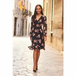 Sosandar Black Floral Print Wrap Front Dress