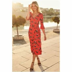 Sosandar Red Floral Print Split Detail Jersey Midi Dress -Sosandar unnamed file 528