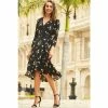 Sosandar Black Floral Print Ruffle Hem Midi Wrap Dress
