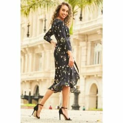 Sosandar Black Floral Print Ruffle Hem Midi Wrap Dress -Sosandar unnamed file 537