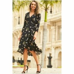 Sosandar Black Floral Print Ruffle Hem Midi Wrap Dress -Sosandar unnamed file 538