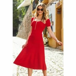 Sosandar Red Scoop Neck Dress With Zip Detail And Cap Sleeve