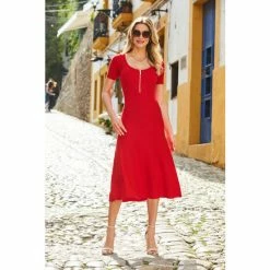 Sosandar Red Scoop Neck Dress With Zip Detail And Cap Sleeve -Sosandar unnamed file 541
