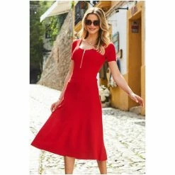 Sosandar Red Scoop Neck Dress With Zip Detail And Cap Sleeve -Sosandar unnamed file 542