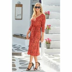 Sosandar Red Animal Print V Neck Jersey Midi Dress -Sosandar unnamed file 544