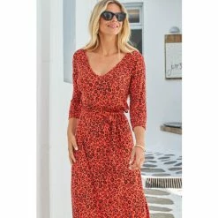 Sosandar Red Animal Print V Neck Jersey Midi Dress -Sosandar unnamed file 547