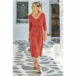 Sosandar Red Animal Print V Neck Jersey Midi Dress -Sosandar unnamed file 548