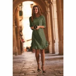 Sosandar Green Spot Print Ruffle Hem Shift Dress