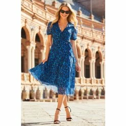 Sosandar Blue Animal Print Mesh Wrap Dress
