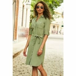 Sosandar Green Denim Belted Shirt Dress