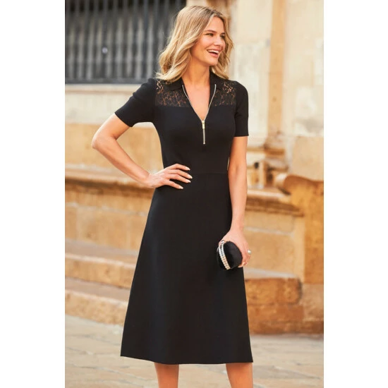 Sosandar Black Lace Insert Dress With Zip Detail 2 Sosandar Black Lace Insert Dress With Zip Detail - Image 2