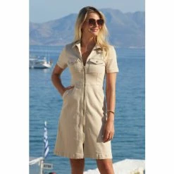 Sosandar Neutral Short Sleeve Zip Front Denim Dress With Pockets