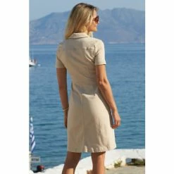 Sosandar Neutral Short Sleeve Zip Front Denim Dress With Pockets -Sosandar unnamed file 638