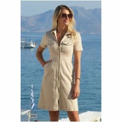 Sosandar Neutral Short Sleeve Zip Front Denim Dress With Pockets -Sosandar unnamed file 640