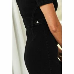 Sosandar Black Short Sleeve Round Neck Zip Front Denim Dress -Sosandar unnamed file 659