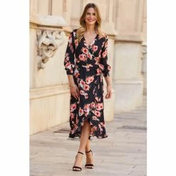 Sosandar Black Floral Ruffle Wrap Dress