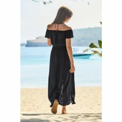 Sosandar Black Ruffle Detail Side Split Bardot Dress -Sosandar unnamed file 711