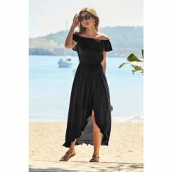 Sosandar Black Ruffle Detail Side Split Bardot Dress -Sosandar unnamed file 712