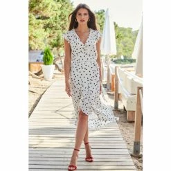 Sosandar White Spot Ruffle Wrap Midi Dress