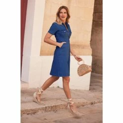 Sosandar Blue Short Sleeve Zip Front Denim Dress With Pockets -Sosandar unnamed file 742