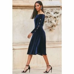 Sosandar Blue Velvet Embellished Sleeve Bardot Dress