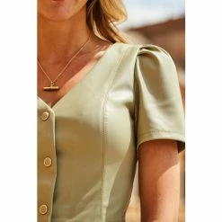 Sosandar Green Faux Leather Popper Front Midi Dress -Sosandar unnamed file 778