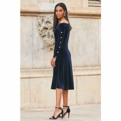 Sosandar Blue Velvet Embellished Sleeve Bardot Dress -Sosandar unnamed file 78