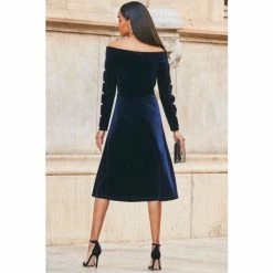 Sosandar Blue Velvet Embellished Sleeve Bardot Dress -Sosandar unnamed file 79