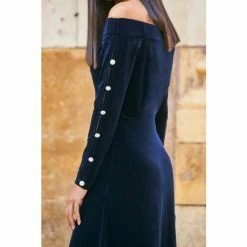Sosandar Blue Velvet Embellished Sleeve Bardot Dress -Sosandar unnamed file 80
