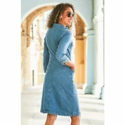 Sosandar Blue Popper Front 3/4 Sleeve Stretch Denim Dress -Sosandar unnamed file 803