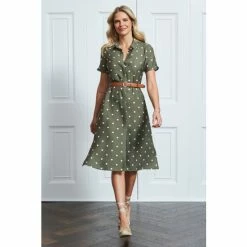 Sosandar Green Spot Print Short Sleeve Tie Waist Shirt Dress