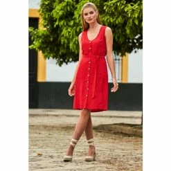 Sosandar Red Belted Linen Dress