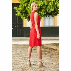 Sosandar Red Belted Linen Dress -Sosandar unnamed file 897